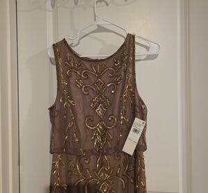Gold-Embellished Taupe Layered Prom Dress